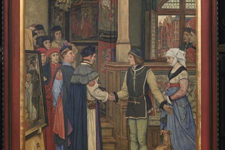 De magistraten bezoeken het atelier van Jan Van Eyck muurschildering stadhuis