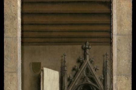 het Lam Gods: Paneel met De Sibille van Cumae en interieur van de kamer met waskom