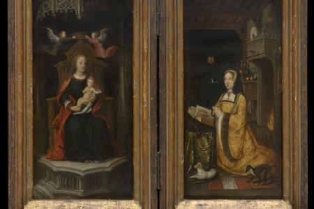 Maria met Kind en twee engelen (links)  Margaretha van Oostenrijk in aanbidding voor de Madonna (rechts)