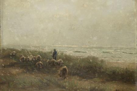 Landschap met herder en schapen aan zee