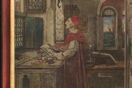 De magistraten bezoeken het atelier van Jan Van Eyck muurschildering stadhuis