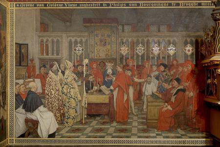 De magistraten bezoeken het atelier van Jan Van Eyck muurschildering stadhuis