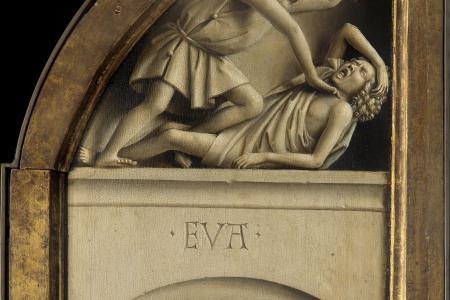het Lam Gods: Paneel Eva detail van De broedermoord van Kaïn op zijn jongere broer Abel
