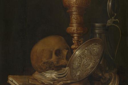 Vanitas met pronkbokaal en tazza