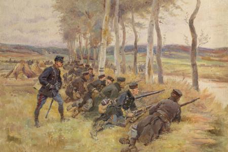 Infanterie-eenheid van het Belgisch leger in gevechtspositie langs de weg (WOI)