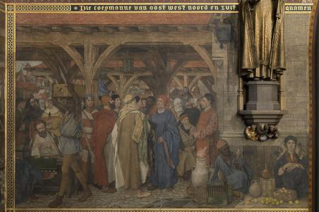 De magistraten bezoeken het atelier van Jan Van Eyck muurschildering stadhuis