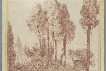 Landschap in de omgeving van Rome met op de achtergrond de piramide van Cestius