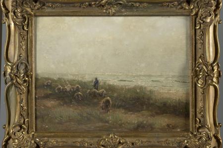 Landschap met herder en schapen aan zee