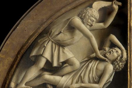 het Lam Gods: Paneel Eva detail van De broedermoord van Kaïn op zijn jongere broer Abel