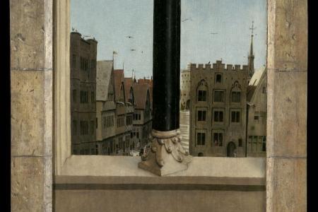 het Lam Gods: Interieur met zicht op de stad