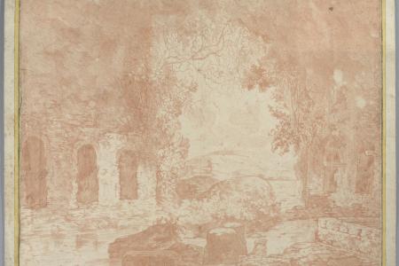 Landschap met ruïnes in de omgeving van Rome gestoffeerd met drie mannen en een paard