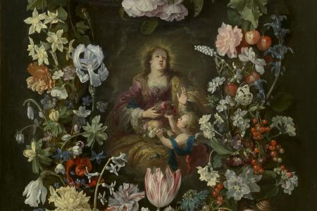 Heilige Dorothea van Caesarea in een bloemenkrans