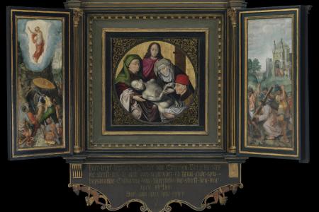 Triptiek met de graflegging en schenkersportretten van Pieter Caverson en Catharina van Meerbeke